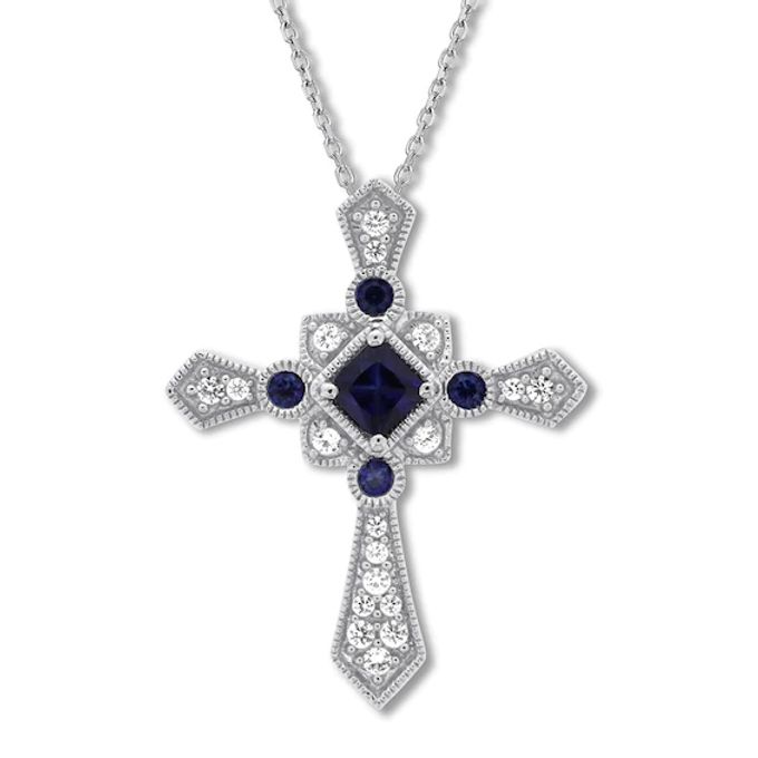 Cross Necklace Lab-Created Sapphires Sterling Silver