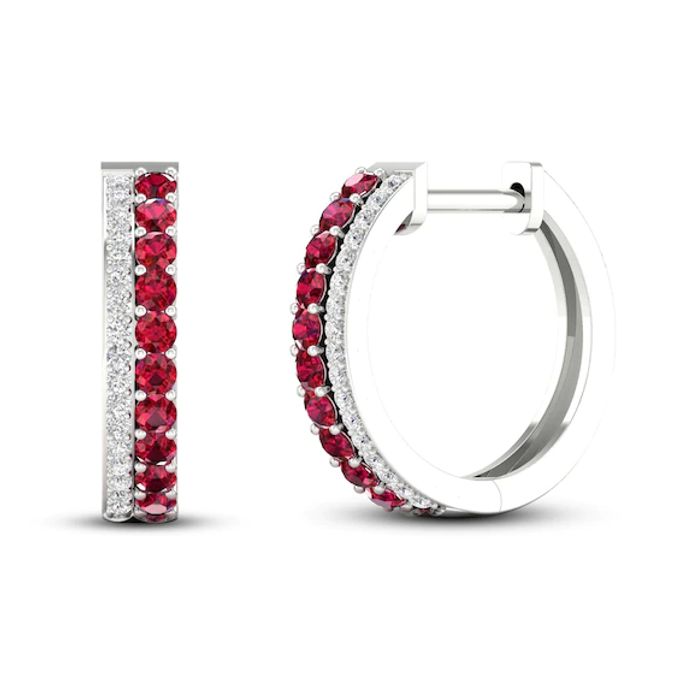 Lab-Created Ruby & White Lab-Created Sapphire Hoop Earrings Sterling Silver