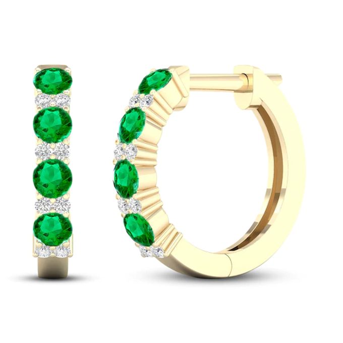 Emerald & Diamond Hoop Earrings 1/15 ct tw 10K Yellow Gold