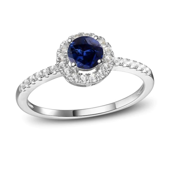 Blue Sapphire Ring 1/ ct tw Diamonds 10K White Gold