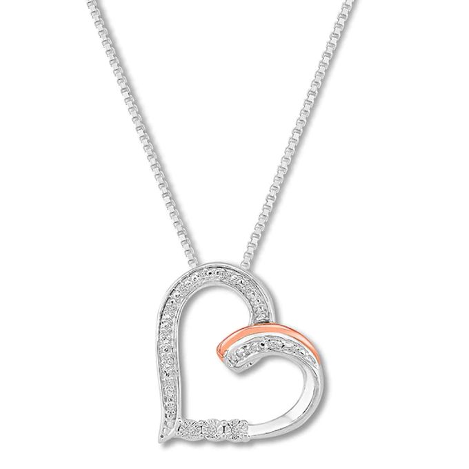 Diamond Heart Necklace Sterling Silver & 10K Rose Gold 18"