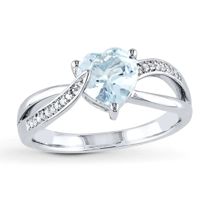 Aquamarine Heart Ring 1/20 ct tw Diamonds Sterling Silver