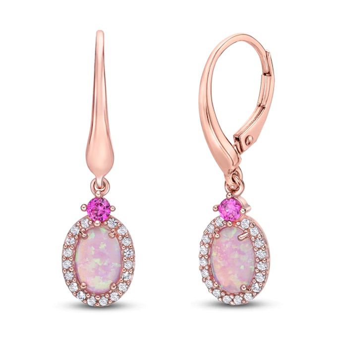 Pink Lab-Created Opal, Pink & White Lab-Created Sapphire Earrings 10K Rose Gold