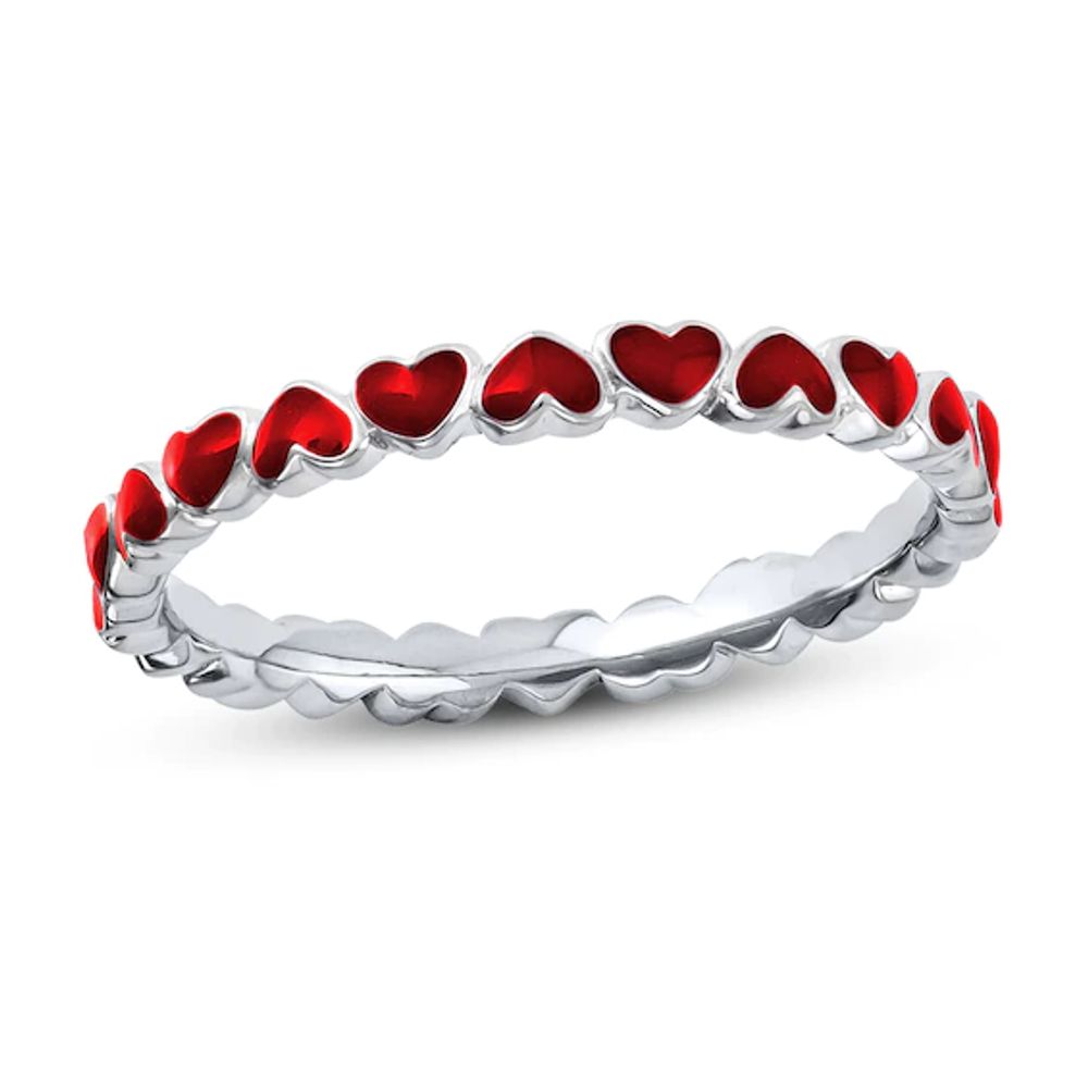 Stackable Ring Red Enamel Hearts Sterling Silver