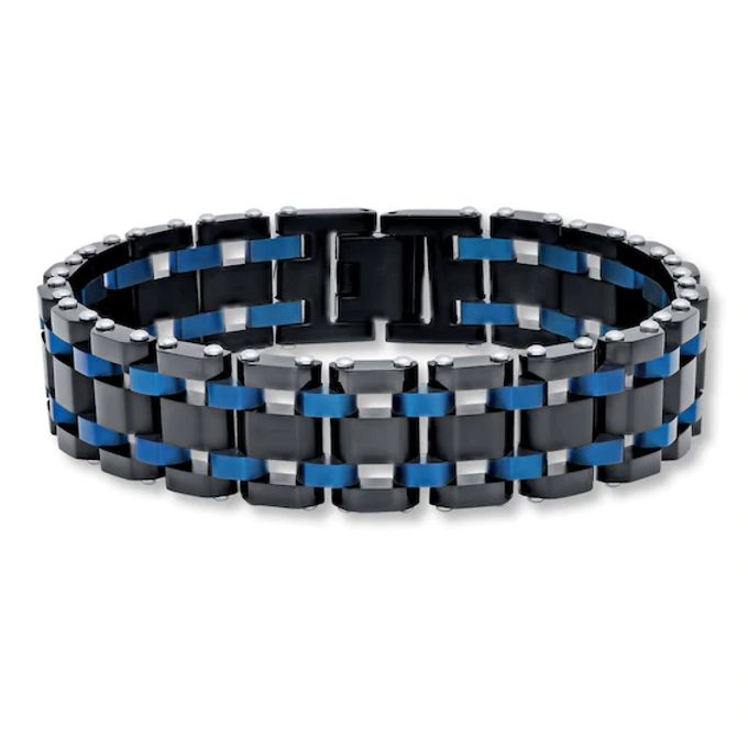 Men's Bracelet Stainless Steel Black/Blue Ion Plating 8.5"