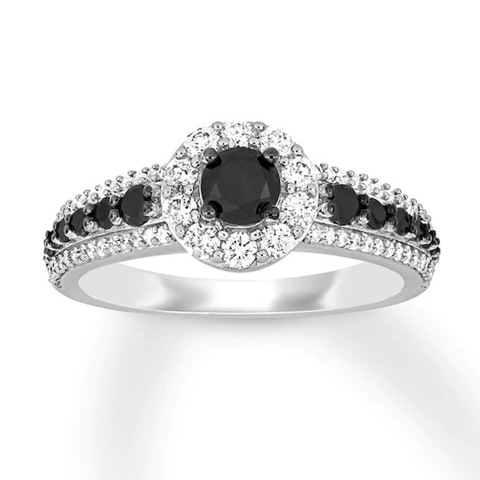 Black & White Diamond Engagement Ring 1 ct tw Round-cut 14K White Gold