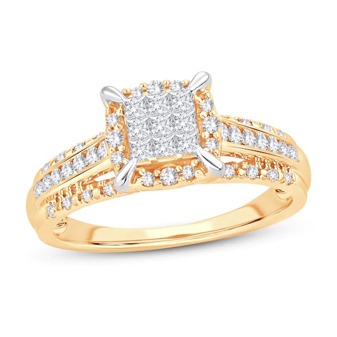 Multi-Diamond Engagement Ring 1/2 ct tw Princess & Round 10K Yellow Gold