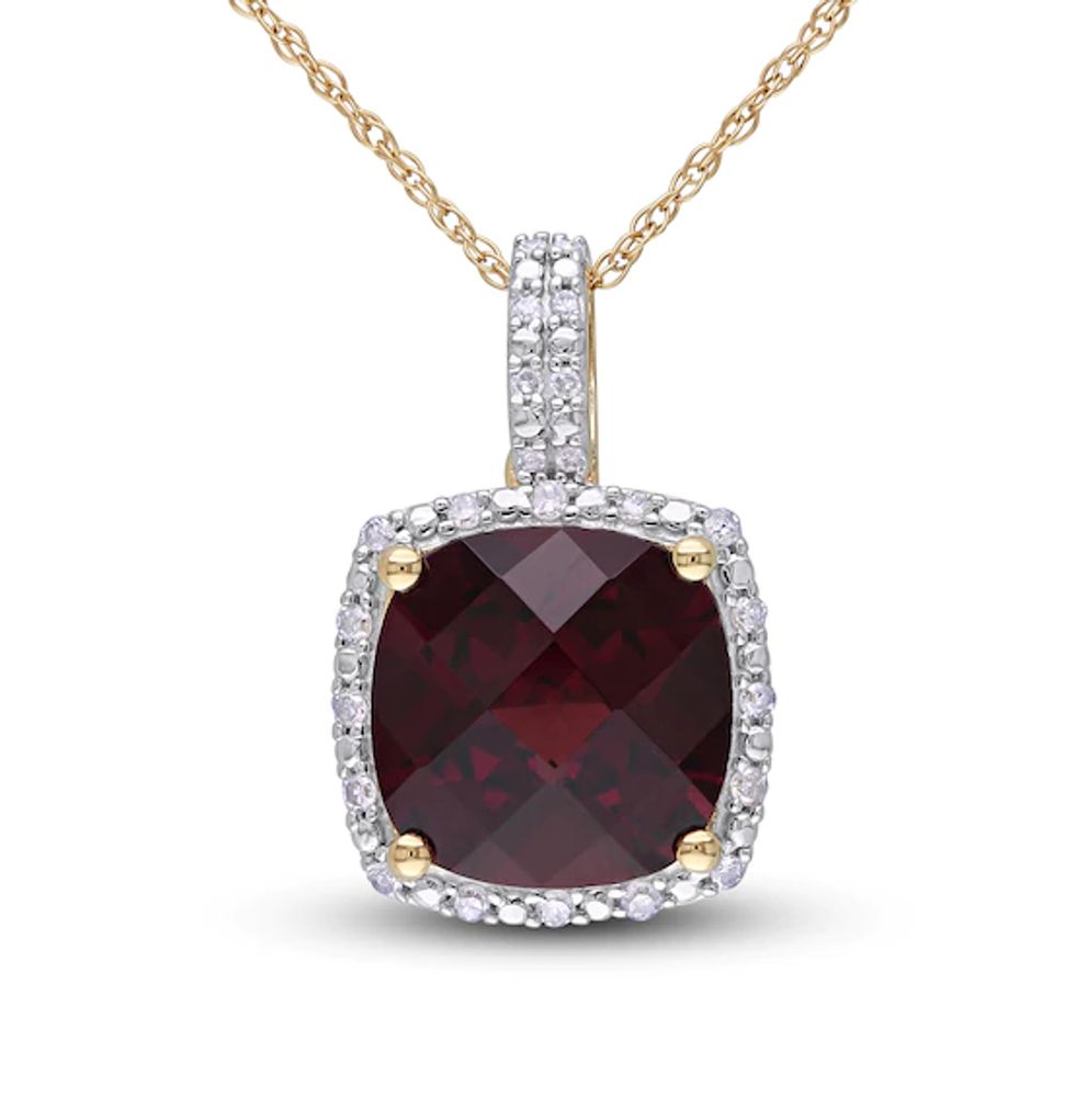 Garnet & Diamond Necklace 1/10 ct tw Cushion/Round-Cut 10K Yellow Gold 17"