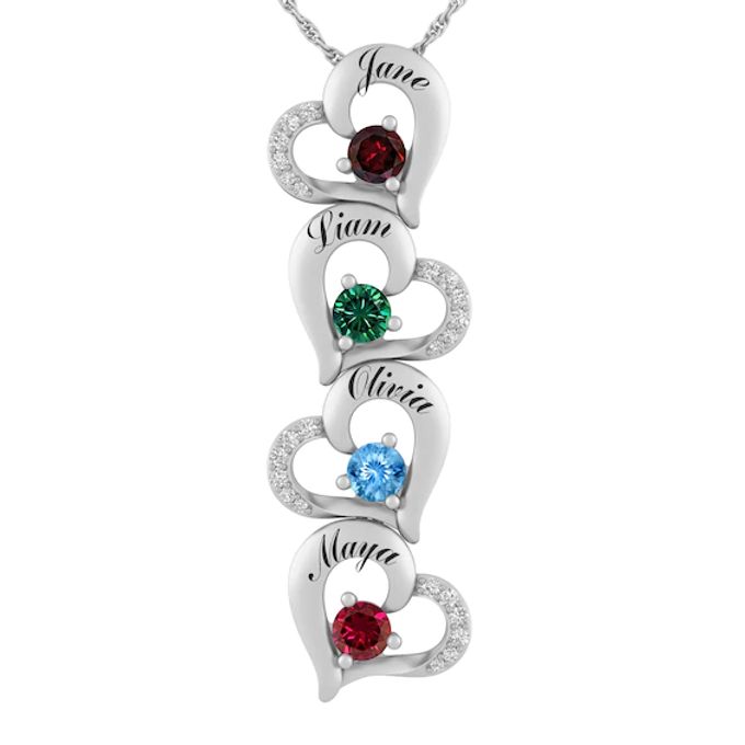 Mother's Family Birthstone Vertical Hearts Drop Necklace
