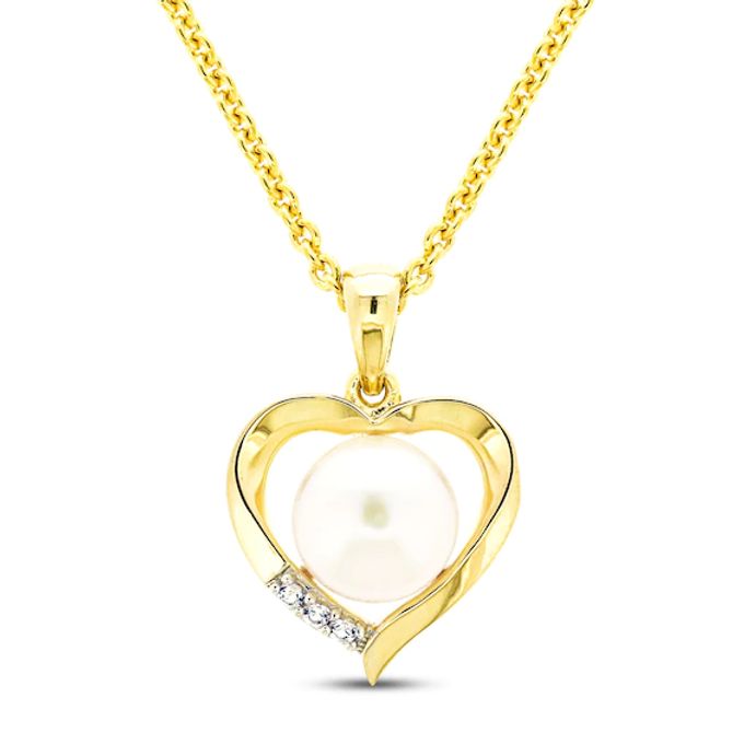Cultured Pearl & White Lab-Created Sapphire Heart Necklace Sterling Silver/14K Yellow Gold Plating 18"