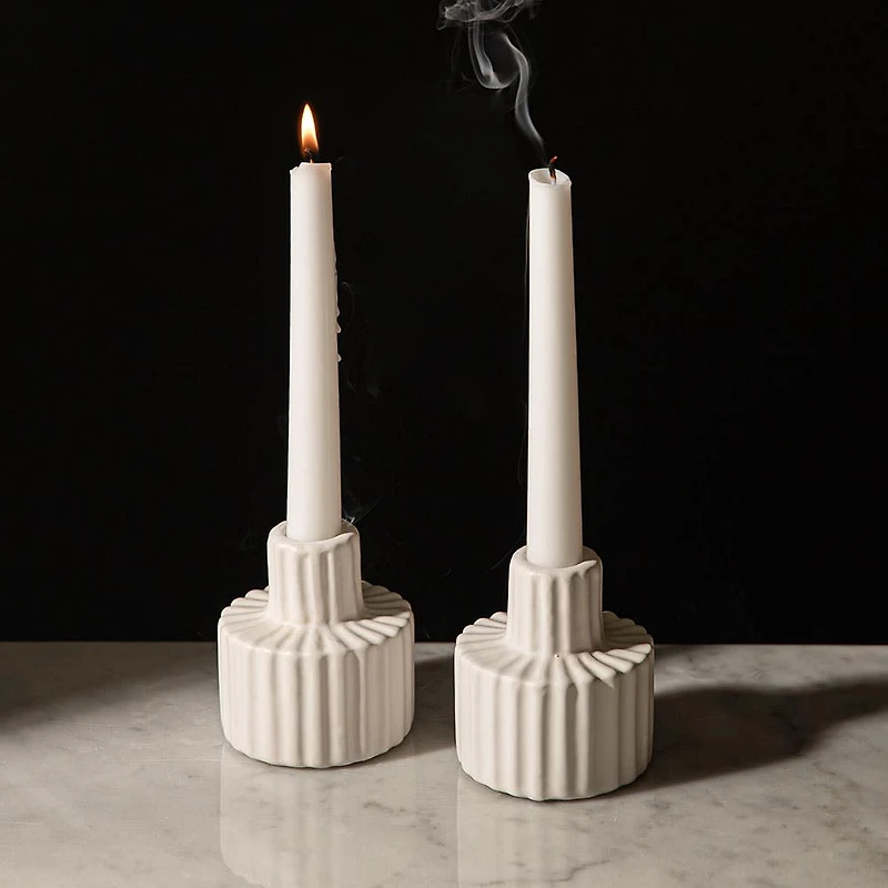 KSP Panelled Ceramic Taper Candle Holder - Set of 2 (White)