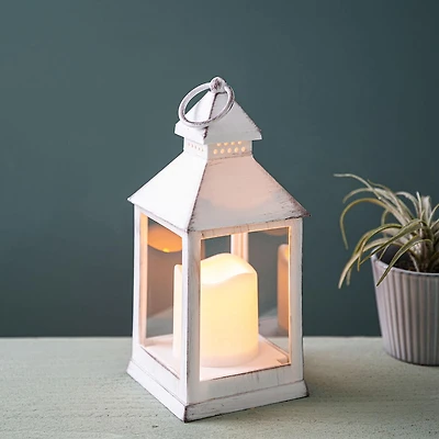 KSP Flicker 'Metal Look' LED Plastic Lantern 10cm Sq. x 24cm (White)