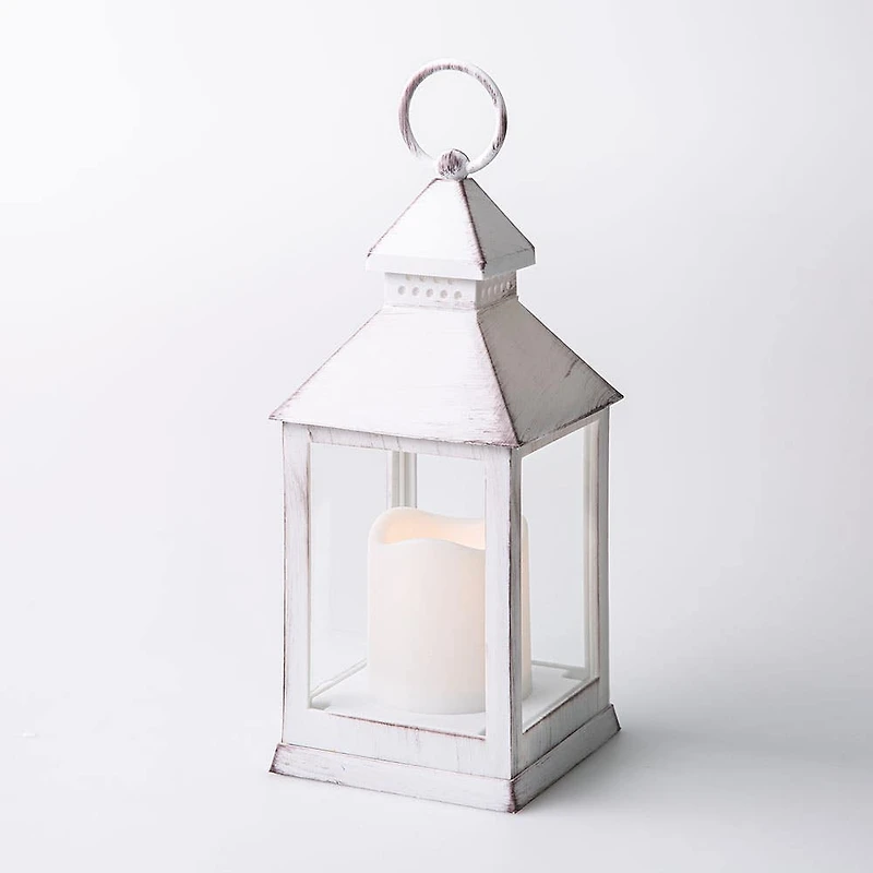 KSP Flicker 'Metal Look' LED Plastic Lantern 10cm Sq. x 24cm (White)