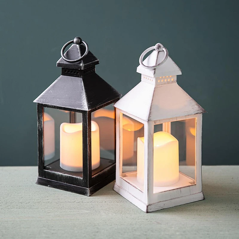 KSP Flicker 'Metal Look' LED Plastic Lantern 10cm Sq. x 24cm (White)