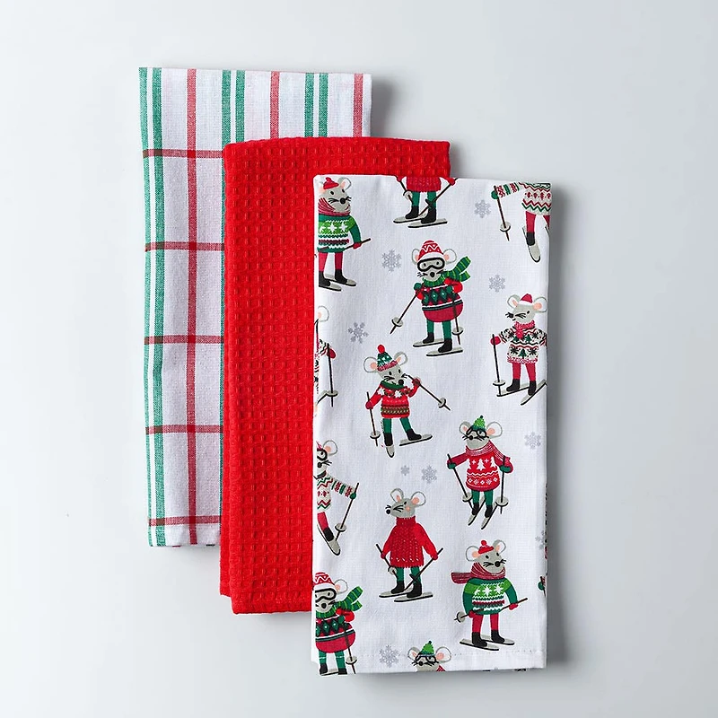 Harman Christmas 'Ski Mouse' Cotton Kitchen Towel - Set of 3