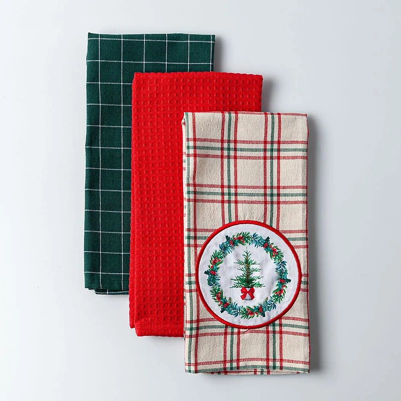 Harman Christmas 'Tree Wreath Plaid' Cotton Kitchen Towel - Set of 3