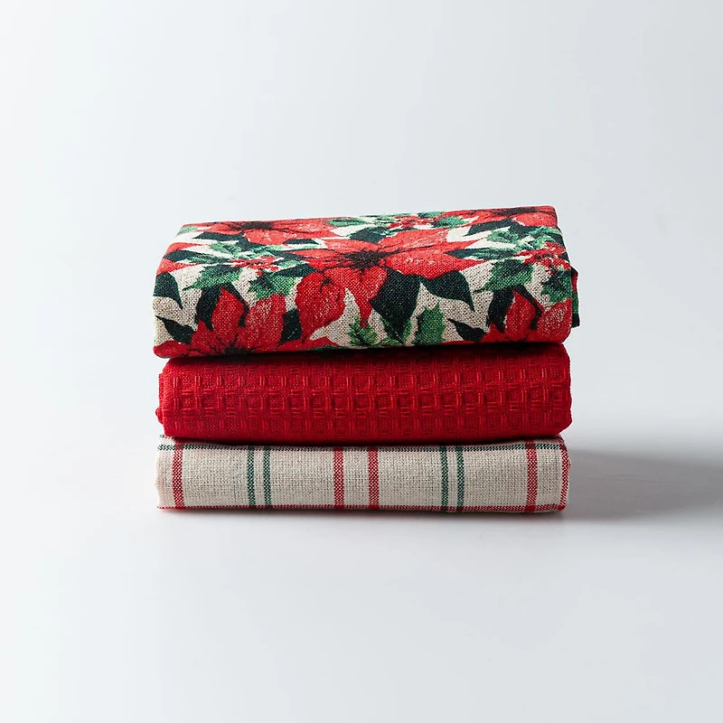 Harman Christmas 'Shimmer Poinsettia' Cotton Kitchen Towel - Set of 3