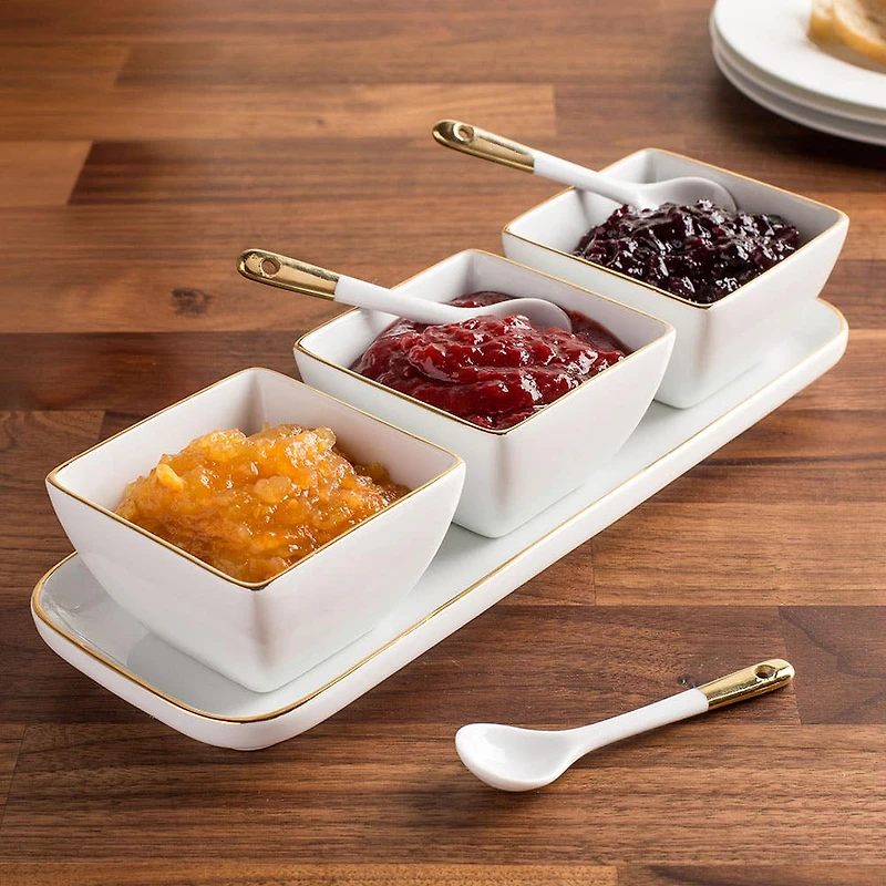 KSP Christmas Gleam Porcelain Bowls with Tray and Spoons - Set of 7