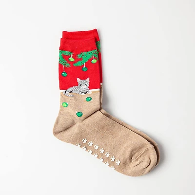 Hotsox Women's 'Christmas Cat' Non-Skid Crew Socks - 1 Pair