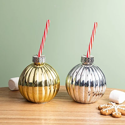 Harman Christmas 'Ornament' Glass Drink Sipper Set of 2 (Gold/Silver)