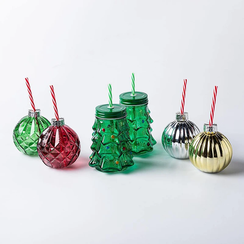 Harman Christmas 'Ornament' Glass Drink Sipper Set of 2 (Gold/Silver)