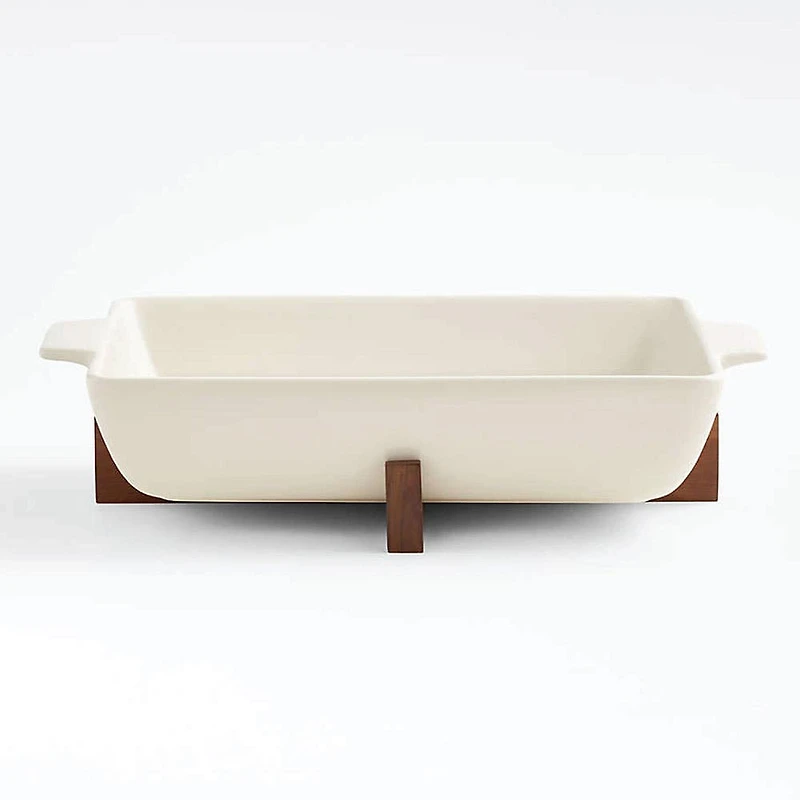 JS Gourmet Oven-To-Table 'Rect' Ceramic Dish with Wood Stand (White)