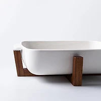 JS Gourmet Oven-To-Table 'Rect' Ceramic Dish with Wood Stand (White)