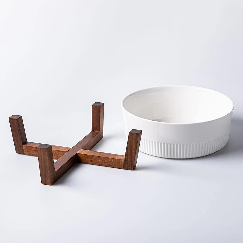 JS Gourmet Oven-To-Table 'Round' Ceramic Dish with Wood Stand (White)