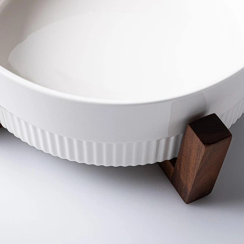 JS Gourmet Oven-To-Table 'Round' Ceramic Dish with Wood Stand (White)