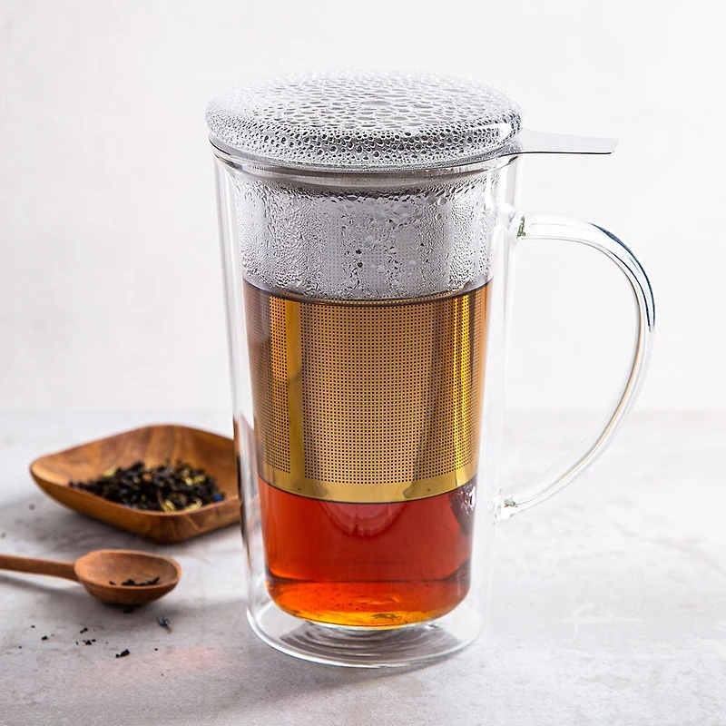 KSP Milano Double Wall Glass Tea Mug with  Mesh Infuser 400ml (Clear)