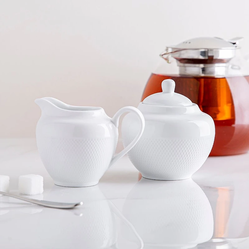 A La Carte 'Diamond' Porcelain Sugar Bowl & Creamer - S/2 (White)