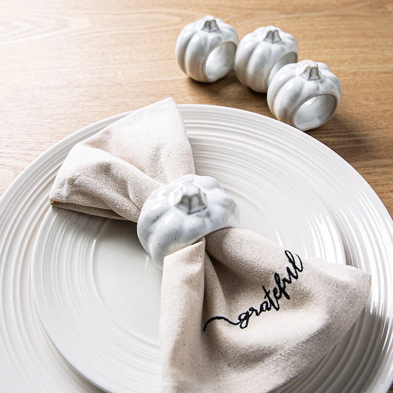 Harman Pumpkin Ceramic Napkin Ring - Set of 4 (White)