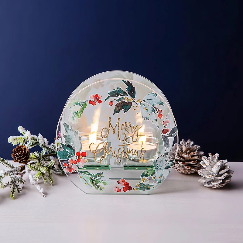 KSP Christmas Mirror 'Berries w/ Holly' Glass Tealight Holder 2-Light