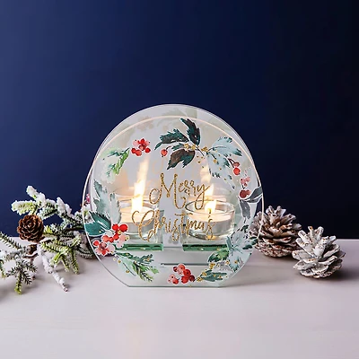 KSP Christmas Mirror 'Berries w/ Holly' Glass Tealight Holder 2-Light