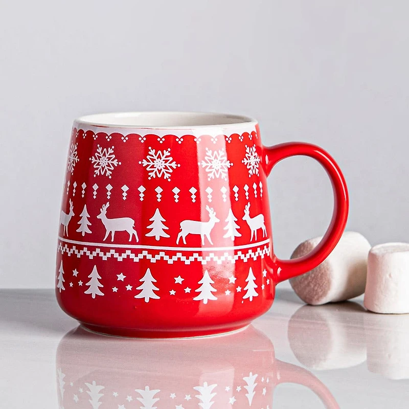 KSP Christmas Snug 'Nordic' Ceramic Hug Mug 400ml/14oz. (White/Red)