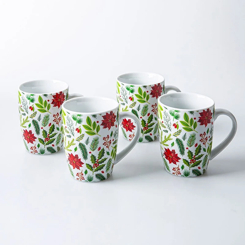 KSP Christmas Decal 'Poinsettia' Porcelain Mug - 4pc Set