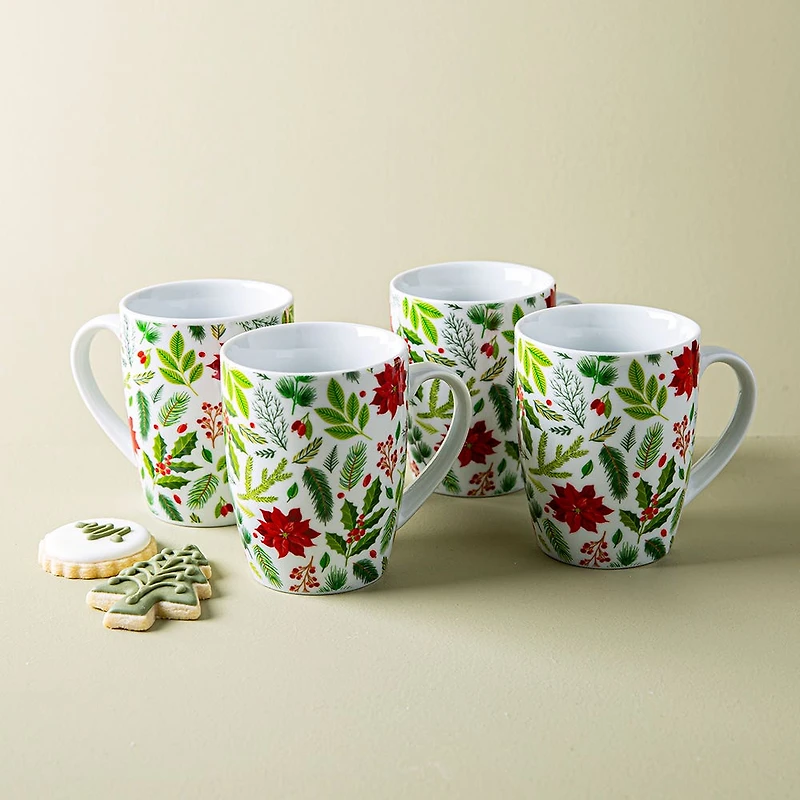 KSP Christmas Decal 'Poinsettia' Porcelain Mug - 4pc Set