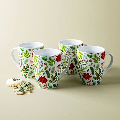 KSP Christmas Decal 'Poinsettia' Porcelain Mug - 4pc Set
