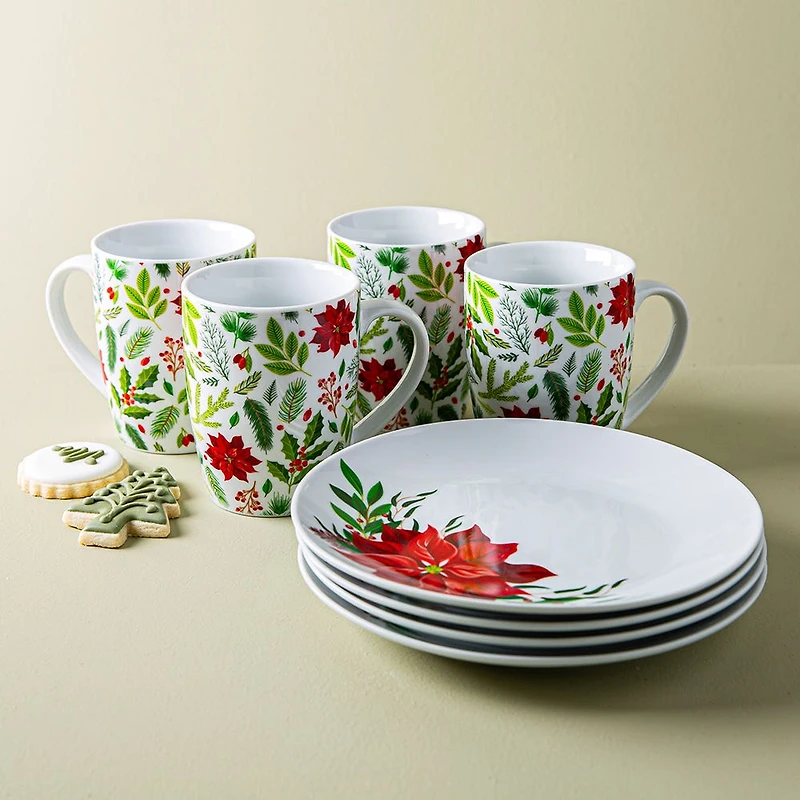 KSP Christmas Decal 'Poinsettia' Porcelain Mug - 4pc Set