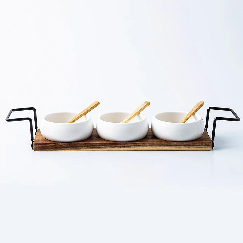 KSP Acacia Tray with Ceramic Bowls and Spoons - Set of 7 (White)