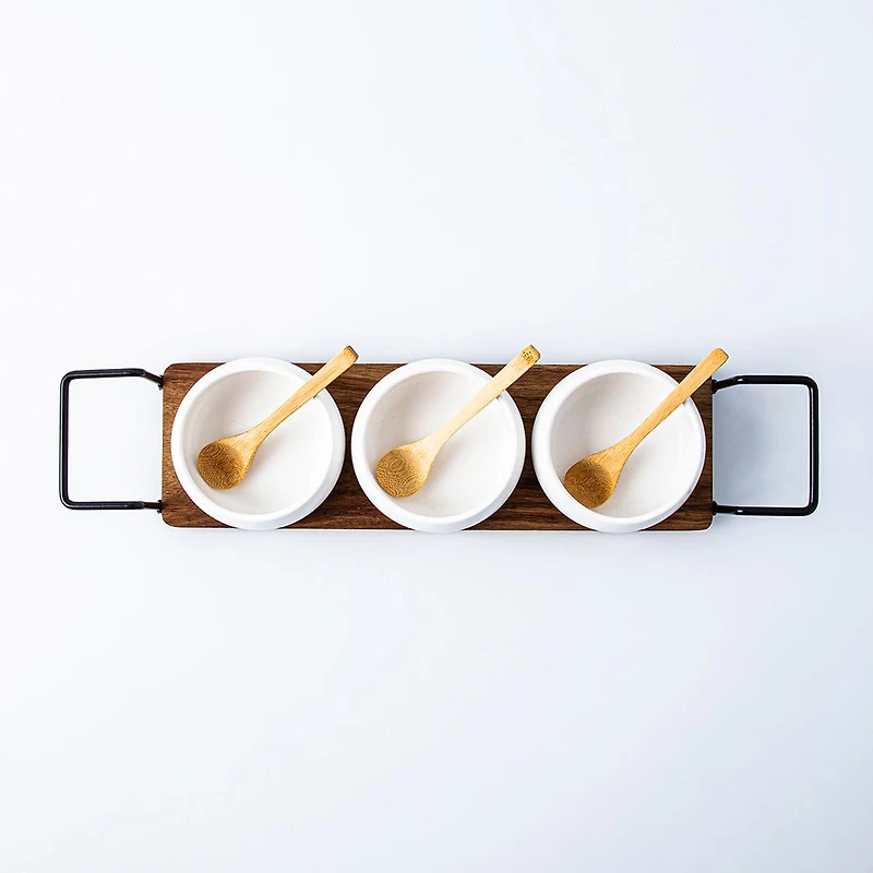 KSP Acacia Tray with Ceramic Bowls and Spoons - Set of 7 (White)
