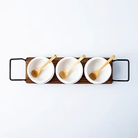 KSP Acacia Tray with Ceramic Bowls and Spoons - Set of 7 (White)