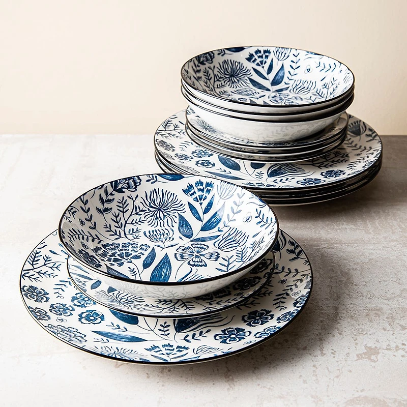 KSP Florence Porcelain Dinnerware - Set of 12 (Blue/White)