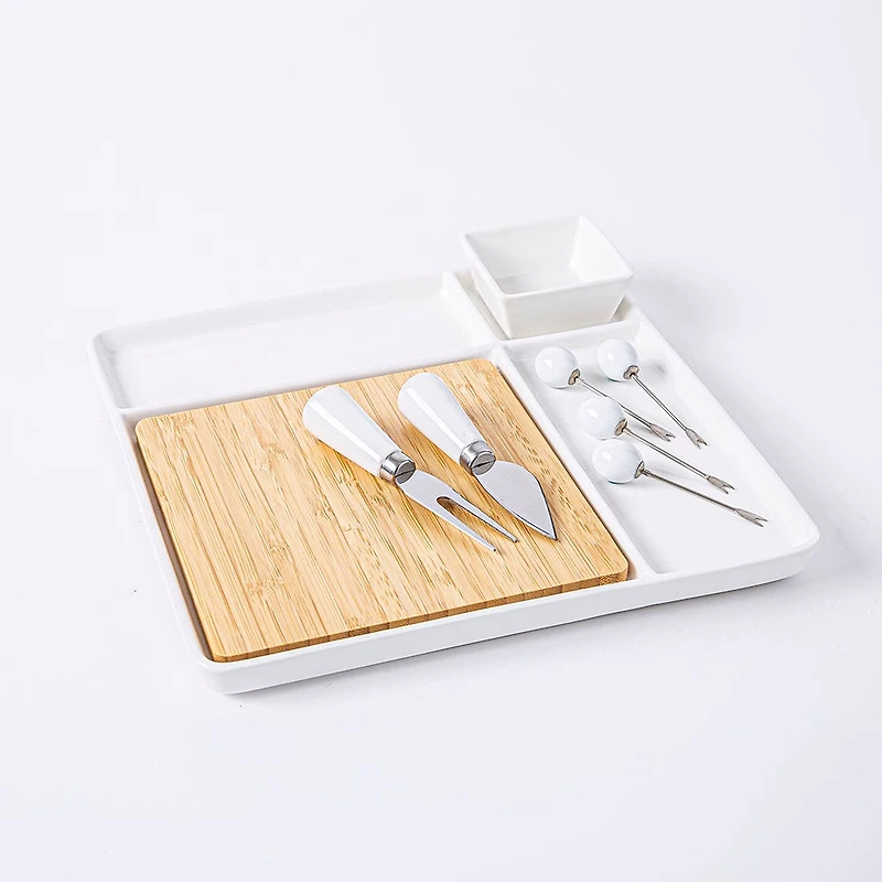KSP Bamboo Porcelain Serve Platter - Set of 9 (White/Natural)