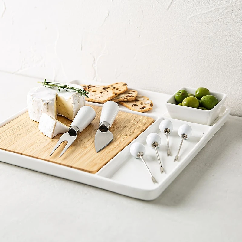 KSP Bamboo Porcelain Serve Platter - Set of 9 (White/Natural)
