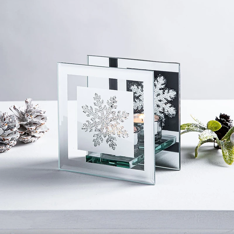 KSP Christmas Mirror 'Snowflake' Glass Tealight Holder -Light