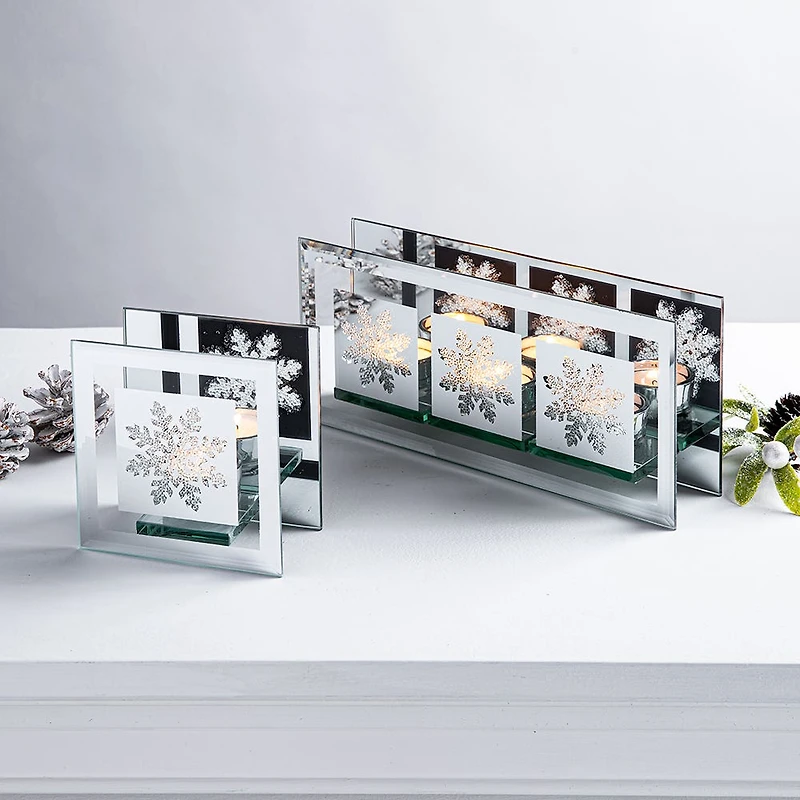 KSP Christmas Mirror 'Snowflake' Glass Tealight Holder 3-Light