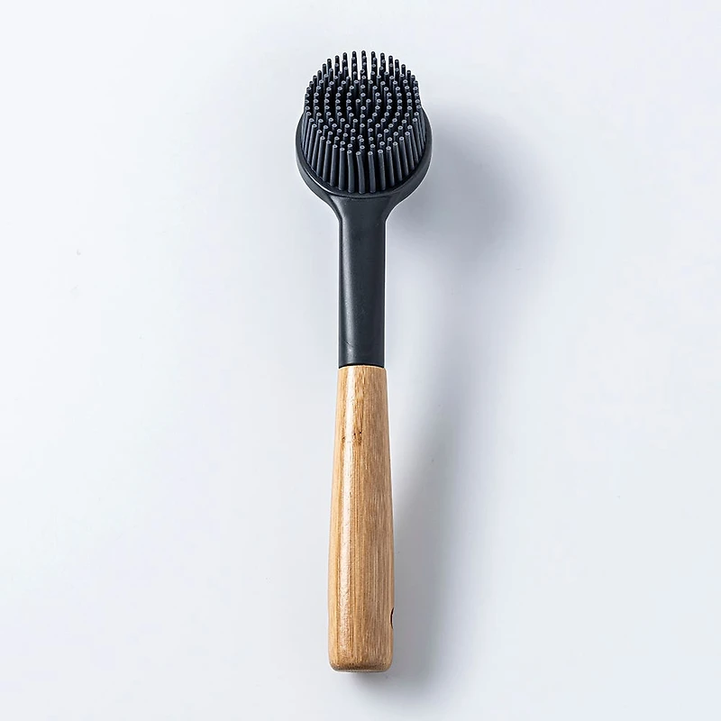 KSP Soft Bristle Silicone Bamboo Handle Dish Brush with Scraper Tip