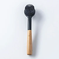 KSP Soft Bristle Silicone Bamboo Handle Dish Brush with Scraper Tip
