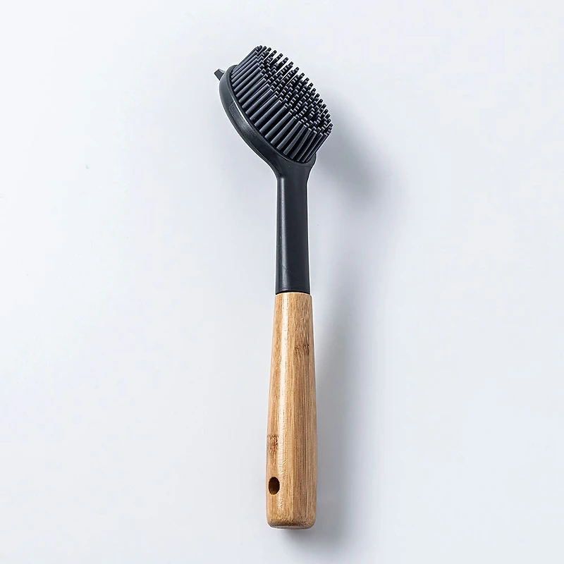 KSP Soft Bristle Silicone Bamboo Handle Dish Brush with Scraper Tip